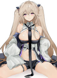 Rule 34 | 1girl, absurdres, anchorage (azur lane), azur lane, bare shoulders, blush, breasts, closed mouth, crossed bangs, detached sleeves, hair between eyes, hair ornament, highres, large breasts, light brown hair, long hair, long sleeves, looking at viewer, maria (syake-uni), purple eyes, shorts, simple background, sitting, smile, solo, twintails, very long hair
