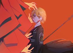 Rule 34 | 1girl, black jacket, blonde hair, blood, blood on clothes, blood on face, closed mouth, don quixote (project moon), formal, holding, jacket, limbus company, m ttl, multiple hands, necktie, project moon, red background, red necktie, shirt, short hair, staff, yellow eyes