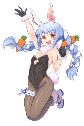 Rule 34 | 1girl, :d, animal ear fluff, animal ears, arm up, black gloves, blue hair, braid, breasts, bridal garter, brown pantyhose, carrot hair ornament, cleavage, clenched hand, food-themed hair ornament, full body, fur-trimmed gloves, fur trim, gloves, hair ornament, highres, hololive, konboi-eg, leotard, looking at viewer, medium breasts, multicolored hair, open mouth, orange eyes, pantyhose, playboy bunny, rabbit ears, rabbit girl, rabbit tail, shoes, simple background, smile, solo, teeth, twin braids, two-tone hair, upper teeth only, usada pekora, usada pekora (1st costume), virtual youtuber, white background, white footwear, white hair