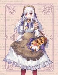 Rule 34 | 1girl, aytk erabareta, basket, blush, checkerboard cookie, chestnut mouth, cookie, fire emblem, fire emblem: three houses, fire emblem heroes, food, juliet sleeves, long hair, long sleeves, lysithea von ordelia, lysithea von ordelia (tea party), maid, nintendo, official alternate costume, official alternate hairstyle, open mouth, puffy sleeves, red eyes, solo, white hair