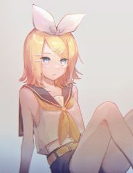 Rule 34 | 1girl, arm support, bare shoulders, blonde hair, blue eyes, bow, collar, commentary, crop top, expressionless, feet out of frame, grey collar, grey shorts, hair bow, hair ornament, hairclip, highres, kagamine rin, knees up, mi no take, neckerchief, sailor collar, school uniform, shirt, short hair, short shorts, shorts, sitting, sleeveless, sleeveless shirt, solo, swept bangs, treble clef, vocaloid, white bow, white shirt, yellow neckerchief