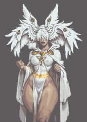 1girl ai-generated angel angel_wings blue_eyes breasts cape covered_erect_nipples covered_eyes covered_navel curvy dark-skinned_female dark_skin dog_head_02 dress extra_eyes facing_viewer feathered_wings gold gold_necklace hair_over_eyes hands_up head_wings highres hood hood_up jewelry large_breasts long_sleeves mitsu_uroko multiple_wings necklace original pelvic_curtain pixel_art seraph short_dress solo thick_lips thick_thighs thighs triangle_necklace white_cape white_dress white_hood wide_hips wide_sleeves wings