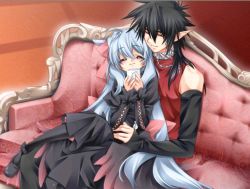 Rule 34 | 1boy, 1girl, ^ ^, ashe (under the moon), black hair, blue hair, blush, couch, couple, cup, detached sleeves, dress, closed eyes, game cg, happy, hetero, letter, long hair, mug, pantyhose, pointy ears, sitting, sitting on lap, sitting on person, smile, toujou sakana, under the moon, very long hair, white hair, zero (under the moon)