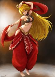 Rule 34 | 1girl, artist name, barefoot, belly dancing, blonde hair, breasts, character request, cleavage, copyright request, dancing, dark background, gradient background, green eyes, happy, highres, jewelry, large breasts, long hair, looking at viewer, medium breasts, midriff, navel, necklace, shirono, smile, solo, twitter username, virtual youtuber