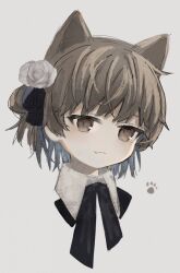 Rule 34 | 1girl, animal ears, black bow, black bowtie, black ribbon, bow, bowtie, brown eyes, brown hair, cat ears, closed mouth, colored inner hair, commentary request, cropped shoulders, fang, flower, grey background, grey hair, hair flower, hair ornament, hair ribbon, hatoba tsugu, kemonomimi mode, looking at viewer, mikemomonga, mole, mole under eye, multicolored hair, paw print, ribbon, rose, simple background, single hair ring, skin fang, solo, tsugu (vtuber), virtual youtuber, white flower, white rose