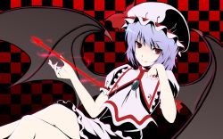 Rule 34 | 1girl, ascot, bat wings, blue hair, checkered background, dress, female focus, fingernails, frilled dress, frills, gayprince, hat, hat ribbon, head rest, highres, legs, long fingernails, looking at viewer, nail polish, polearm, red eyes, red nails, remilia scarlet, ribbon, short hair, short sleeves, smile, solo, spear, spear the gungnir, touhou, uniform, vampire, wallpaper, weapon, wings
