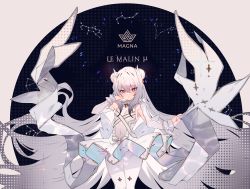 Rule 34 | + +, 1girl, absurdly long hair, armband, armpits, azur lane, text background, ballet dress, black background, blush, bow, breasts, character name, clenched hand, commentary request, covered navel, crossed bangs, crown print, double bun, dress, dress bow, dress straps, eyebrows, french text, frilled armband, frilled dress, frills, grey nails, hair bun, hand on own face, highres, jewelry, latin text, le malin (azur lane), le malin (muse) (azur lane), legs together, leotard, long hair, looking at viewer, multicolored background, nail polish, pantyhose, parted bangs, parted lips, purple eyes, sidelocks, small breasts, solo, soukou makura, symbol-shaped pupils, tutu, very long hair, white armband, white background, white bow, white hair, white pantyhose, wing hair ornament