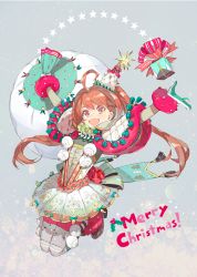 Rule 34 | 1girl, :d, \o/, ahoge, alternate costume, arms up, bell, bow, brown hair, christmas, eiyuu densetsu, estelle bright, fur trim, gift, gloves, hair intakes, hat, highres, holding, jumping, long hair, looking at viewer, merry christmas, nishihara isao, open mouth, outstretched arms, red eyes, ribbon, sack, see-through, smile, solo, sora no kiseki, tassel, twintails