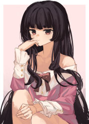 Rule 34 | 1girl, absurdres, bare shoulders, black hair, border, bow, bowtie, buttons, clynxen, collarbone, commentary, elbow on knee, feet out of frame, frilled sleeves, frills, hand on own face, highres, hime cut, houraisan kaguya, knees up, long hair, long sleeves, looking at viewer, off-shoulder shirt, off shoulder, pink background, pink shirt, red bow, red eyes, shirt, solo, touhou, white border