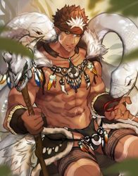 Rule 34 | 1boy, abs, arm tattoo, bara, bare pectorals, black briefs, black male underwear, brown hair, bulge, dark-skinned male, dark skin, facial hair, goatee, gozu farm, headband, highres, jewelry, large pectorals, long sideburns, male focus, male underwear, multicolored hair, muscular, navel, necklace, nipples, o-ring, o-ring bottom, pectorals, pointy ears, revealing clothes, short hair, sideburns, snake, solo, spiked hair, stomach tattoo, tangaroa (housamo), tattoo, thick thighs, thighs, tokyo houkago summoners, tooth necklace, tribal tattoo, two-tone hair, underwear, white hair, yellow eyes
