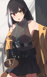 Rule 34 | 1girl, bare shoulders, black hair, black skirt, blush, brown sweater vest, clothes pull, girls&#039; frontline, heterochromia, highres, hinami047, holding, holding megaphone, jacket, jacket pull, long hair, looking at viewer, megaphone, multicolored hair, open mouth, red eyes, ro635 (girls&#039; frontline), ro635 (mod3) (girls&#039; frontline), simple background, skirt, solo, standing, sweater vest, yellow eyes, yellow jacket