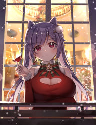 Rule 34 | 1girl, :&lt;, absurdres, alcohol, balcony, blurry, blurry background, blush, bokeh, bow, bowtie, braid, breasts, chandelier, christmas, churi (oxxchurixxo), cleavage, cleavage cutout, closed mouth, clothing cutout, cone hair bun, cup, depth of field, detached sleeves, dress, drinking glass, genshin impact, green bow, hair bun, hair ornament, hairclip, heart cutout, highres, holding, holding cup, keqing (genshin impact), large breasts, lens flare, long hair, looking at viewer, outdoors, pointy hair, purple hair, railing, red bow, red dress, red eyes, snowing, solo, star (symbol), striped bow, striped bowtie, striped clothes, striped neckwear, upper body, window, wine, wine glass