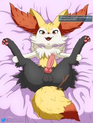 Rule 34 | 1boy, :3, absurdres, animal ear fluff, animal ears, animal feet, animal hands, animal nose, animal penis, artist name, bad id, bad pixiv id, bed sheet, black fur, blush, body fur, braixen, censored, cloudeon, creatures (company), english text, erection, fake censor, fangs, feet, fox ears, fox tail, from above, full body, furry, furry male, game freak, gen 6 pokemon, happy, highres, knotted penis, legs, legs up, looking at viewer, lying, male focus, mosaic censoring, multicolored fur, neck fur, nintendo, on back, open mouth, pawpads, penis, pokemon, pokemon (creature), presenting, purple background, red eyes, smile, snout, solo, spread legs, stick, straight-on, tail, testicles, thighs, twitter logo, twitter username, uncensored, watermark, white fur, yellow fur