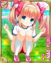Rule 34 | 1girl, arms up, ass, blue eyes, bow, brown hair, buruma, clenched hands, day, girlfriend (kari), gym uniform, hair bow, hairband, kneehighs, long hair, official art, open mouth, outdoors, pink footwear, qp:flapper, red buruma, ribbon, shirt, shoes, smile, sneakers, socks, solo, squatting, twintails, white socks, white shirt, yuuki nae