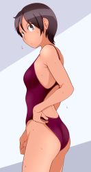 Rule 34 | 1girl, adjusting clothes, armpit crease, brown eyes, brown hair, competition swimsuit, from side, looking to the side, one-piece swimsuit, original, short hair, solo, swimsuit, tanaka rikimaru, wet