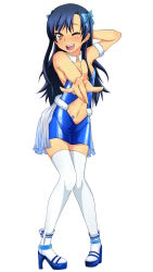 Rule 34 | 1girl, absurdres, arm behind head, arm strap, arm up, blue hair, blush, bow, brown eyes, detached collar, hair bow, high heels, highres, hisa tsuki, idolmaster, idolmaster (classic), kisaragi chihaya, long hair, navel, one eye closed, open mouth, pigeon-toed, pointing, pointing at viewer, shoes, smile, solo, thighhighs, white thighhighs, wink