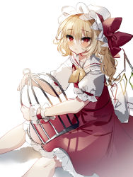 Rule 34 | 1girl, ascot, back bow, birdcage, blonde hair, blush, bow, cage, closed mouth, collared shirt, crystal, eyes visible through hair, feet out of frame, flandre scarlet, frilled shirt collar, frilled skirt, frilled sleeves, frills, frown, hair between eyes, hat, hat ribbon, highres, looking at viewer, medium hair, mob cap, one side up, puffy short sleeves, puffy sleeves, red eyes, red ribbon, red skirt, red vest, ribbon, shirt, short sleeves, simple background, sitting, skirt, skirt set, slit pupils, solo, sorani (kaeru0768), touhou, vest, white background, white bow, white hat, white shirt, wings, wrist cuffs, yellow ascot
