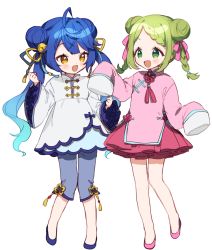 Rule 34 | 2girls, :d, amamiya kokoro, bell, blue hair, blue ribbon, blue shirt, blue shorts, blush, bow, braid, brown eyes, china dress, chinese clothes, commentary request, double bun, dress, fang, gradient hair, green eyes, green hair, hair bell, hair bow, hair bun, hair ornament, hair ribbon, jingle bell, long sleeves, morinaka kazaki, multicolored hair, multiple girls, nijisanji, open mouth, parted bangs, pink bow, pink dress, pink footwear, ribbon, shirt, shoes, shorts, simple background, sleeves past fingers, sleeves past wrists, smile, twin braids, twintails, v-shaped eyebrows, virtual youtuber, white background, white dress, wide sleeves, yamabukiiro, yellow ribbon