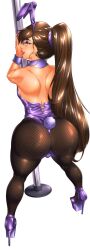Rule 34 | 1boy, androgynous, animal ears, ass, black pantyhose, breasts, brown eyes, bulge, cleavage, crossdressing, curvy, earrings, fake animal ears, fake tail, fishnet pantyhose, fishnets, from behind, full body, hairband, high heels, highleg, highleg leotard, highres, hoop earrings, huge ass, jewelry, leaning forward, leotard, lipstick, long hair, looking at viewer, looking back, makeup, male focus, male playboy bunny, marco diaz, pantyhose, playboy bunny, pole, pole dancing, ponytail, purple footwear, purple hairband, purple leotard, rabbit ears, rabbit tail, red lips, shiny skin, simple background, smile, solo, star vs the forces of evil, stripper pole, suiren ciao, tail, trap, very long hair, white background, wrist cuffs