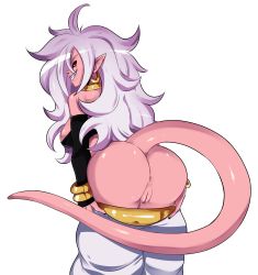 Rule 34 | 1girl, absurdres, alternate form, android 21, anus, ass, black sclera, cleft of venus, clothes pull, colored sclera, colored skin, dragon ball, dragon ball fighterz, earrings, evil smile, from behind, highres, hoop earrings, huge ass, jewelry, light purple hair, looking at viewer, majin android 21, messy hair, nail polish, pants, pants pull, pink hair, pointy ears, pussy, radlionheart, red eyes, simple background, smile, solo, tail, transparent background, uncensored