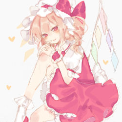 Rule 34 | 1girl, blonde hair, blush, bobby socks, bow, crystal, flandre scarlet, frilled shirt collar, frilled skirt, frilled sleeves, frills, hat, hat ribbon, looking at viewer, mary janes, mob cap, one side up, puffy short sleeves, puffy sleeves, red bow, red eyes, red footwear, red ribbon, red skirt, red vest, ribbon, shirt, shoes, short hair, short sleeves, skirt, smile, socks, solo, sorani (kaeru0768), touhou, vest, white background, white hat, white shirt, white socks, wings, wrist cuffs