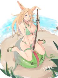 Rule 34 | 1girl, absurdres, animal ear fluff, animal ears, artist name, bare shoulders, beach, bikini, blonde hair, blue eyes, breasts, cat, cleavage, closed mouth, collarbone, commentary, dragalia lost, eleonora (dragalia lost), english commentary, flip-flops, full body, green bikini, green nails, high heels, highres, holding, holding sign, holding sword, holding weapon, jewelry, katana, light rays, long hair, looking at viewer, medium breasts, nail polish, navel, necklace, outdoors, plant, sand, sandals, shore, sign, sitting, smile, solo, strap pull, sunbeam, sunlight, swimsuit, sword, thigh strap, toenail polish, toenails, water, weapon, x x, yun fuyu