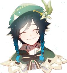 Rule 34 | 1boy, androgynous, beret, black hair, blue hair, bow, braid, brooch, cape, closed eyes, closed mouth, collared cape, collared shirt, facing viewer, flower, gem, genshin impact, gradient hair, green hat, hair flower, hair ornament, hat, jewelry, leaf, male focus, malja, multicolored hair, shirt, short hair with long locks, simple background, smile, solo, twin braids, venti (genshin impact), white background, white flower, white shirt