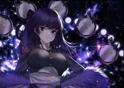 Rule 34 | &gt; &lt;, 1girl, ^ ^, ahoge, black witch, breasts, closed eyes, coat, commentary, fhilippedu, fur-trimmed coat, fur trim, highres, light rays, long hair, long sleeves, looking at viewer, medium breasts, mirror, parted lips, purple eyes, purple hair, sash, smile, solo, sss-class suicide hunter