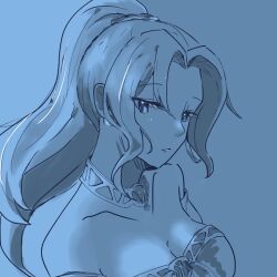 Rule 34 | 1girl, bare shoulders, breasts, choker, cleavage, closed mouth, collarbone, dress, earrings, highres, jewelry, kazuwaya, long hair, looking at viewer, mavelle froessen, monochrome, ponytail, simple background, solo, star ocean, star ocean first departure