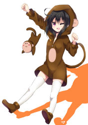 Rule 34 | 1girl, :3, ;d, absurdres, ahoge, amano kouki, animal costume, animal ears, arm up, black hair, breasts, brown footwear, clenched hands, collar, commentary request, fake animal ears, fake tail, highres, jewelry, long hair, long sleeves, looking at viewer, monkey costume, monkey ears, monkey tail, note-chan, one eye closed, open mouth, original, purple eyes, shadow, shoes, simple background, small breasts, smile, solo, tail, thighhighs, white background, zettai ryouiki, zipper