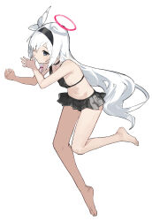 Rule 34 | 1girl, absurdres, barefoot, bikini, black bikini, black choker, black hairband, blue archive, braid, breasts, choker, closed mouth, collarbone, commentary, eyelashes, feet, frilled bikini, frills, full body, grey eyes, grey hair, hair over one eye, hair ribbon, hairband, halo, hands up, highres, legs, long hair, looking at viewer, navel, parted bangs, pink halo, plana (blue archive), ribbon, shadow, sidelocks, simple background, small breasts, solo, stomach, swimsuit, toenails, toes, very long hair, white background, white ribbon, yakihoko