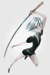 Rule 34 | androgynous, arm up, black necktie, black shirt, black shorts, closed mouth, collared shirt, full body, gender request, goshenite (houseki no kuni), grey background, hair between eyes, holding, holding sword, holding weapon, houseki no kuni, jumping, katana, knee up, long sword, looking at viewer, matsumoto tomoyohi, necktie, puffy short sleeves, puffy sleeves, shirt, short hair, short sleeves, shorts, solo, sword, weapon, white shirt, wing collar