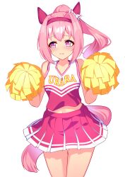 Rule 34 | 1girl, absurdres, alternate costume, alternate hairstyle, animal ears, character name, closed mouth, commentary request, embarrassed, haru urara (umamusume), headband, highres, horse ears, horse girl, horse tail, long hair, navel, open mouth, pink eyes, pink hair, pom pom (cheerleading), ponytail, solo, sunny (20597521), tail, umamusume, white background
