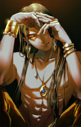 Rule 34 | 1boy, abs, arms up, black background, black hair, bracelet, earrings, facial mark, highres, jewelry, lanxi zhen, long hair, male focus, micho, muscular, muscular male, naga (the legend of luoxiaohei), necklace, simple background, solo, luo xiaohei zhanji, yellow eyes