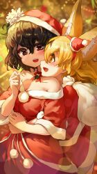Rule 34 | 2girls, :d, absurdres, alternate costume, animal ears, bare shoulders, black hair, blonde hair, blurry, blurry background, blush, breasts, brown eyes, christmas, cleavage, commentary, depth of field, extra ears, fur trim, hair between eyes, hairband, happy, hat, head on another&#039;s shoulder, highres, hug, hug from behind, jacket, kaban (kemono friends), kemono friends, large ears, lens flare, medium breasts, medium hair, melaton, mini hat, multiple girls, off shoulder, open clothes, open jacket, open mouth, pom pom (clothes), red hairband, sack, santa costume, santa hat, serval (kemono friends), sideways mouth, smile, yellow eyes