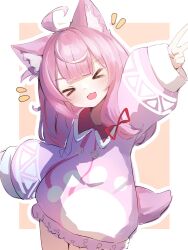 Rule 34 | &gt; &lt;, 1girl, ahoge, animal ear fluff, animal ears, arm up, blush, bow, cat ears, cat girl, cat tail, character request, copyright request, dress, hair bow, head tilt, highres, long hair, open mouth, outline, purple hair, six box, sleeves past wrists, solo, tail, v, white outline