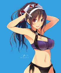 Rule 34 | 10s, 1girl, 2015, :d, adapted costume, adjusting hair, ashigara (kancolle), bad id, bad pixiv id, bikini, breasts, brown eyes, brown hair, cleavage, criss-cross halter, dated, halterneck, highres, kantai collection, large breasts, open mouth, ponytail, side-tie bikini bottom, signature, simple background, smile, solo, swimsuit, tebi (tbd11)