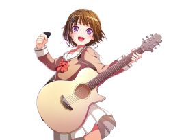 Rule 34 | 1girl, :d, acoustic guitar, bang dream!, blush, bow, bowtie, brown hair, commentary request, guitar, hair ornament, hairclip, hazawa tsugumi, hiroki (yyqw7151), holding, holding instrument, instrument, long sleeves, music, open mouth, playing instrument, pleated skirt, plectrum, purple eyes, red bow, red bowtie, round teeth, school uniform, serafuku, short hair, simple background, skirt, smile, solo, teeth, upper teeth only, white background, white skirt
