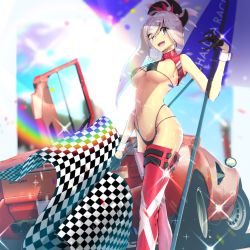 Rule 34 | 1girl, artist request, asymmetrical hair, black gloves, blue eyes, boots, breasts, car, checkered flag, earrings, eyes visible through hair, fate/grand order, fate (series), flag, gloves, hair ornament, highleg, highres, holding, holding umbrella, jewelry, lamborghini, lamborghini countach, large breasts, midriff, miyamoto musashi (fate), motor vehicle, open mouth, pink hair, ponytail, race queen, rainbow, red thighhighs, solo, sweat, thigh boots, thighhighs, umbrella, underboob