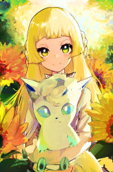 Rule 34 | 1girl, absurdres, alolan form, alolan vulpix, animal, blonde hair, blunt bangs, closed mouth, commentary, creatures (company), day, dress, english commentary, flower, game freak, gen 7 pokemon, green eyes, head tilt, highres, holding, holding animal, lillie (pokemon), looking at viewer, lxios39, nintendo, outdoors, pokemon, pokemon (anime), pokemon journeys, pokemon swsh111, short sleeves, sidelocks, smile, sunflower, sunlight, upper body, white dress