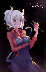 1girl, absurdres, apron, arm under breasts, blush, breasts, bwh, cowboy shot, cup, demon, drinking glass, fingernails, helltaker, highres, horns, large breasts, long fingernails, looking at viewer, lucifer (helltaker), ponytail, red eyes, red shirt, shirt, smile, smirk, solo, white hair, wine glass