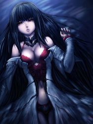 Rule 34 | 1girl, bare shoulders, black hair, breasts, choker, cleavage, detached sleeves, fumio (rsqkr), large breasts, long hair, lord of vermilion, lord of vermillion, lying, midriff, on back, red eyes, rishia, solo