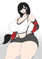 Rule 34 | 1girl, black hair, breasts, brown eyes, cleavage, crop top, final fantasy, final fantasy vii, final fantasy vii remake, fingerless gloves, gloves, hand on own hip, highres, huge breasts, lips, long hair, low-tied long hair, navel, okioppai, red gloves, skirt, solo, suspender skirt, suspenders, thick thighs, thighs, tifa lockhart, white background, wide hips