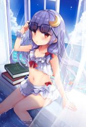 Rule 34 | 1girl, adjusting eyewear, alternate costume, alternate hairstyle, blush, book, bow, brown eyes, cloud, crescent, crescent hair ornament, day, glasses, hair bow, hair ornament, kedama milk, looking at viewer, midriff, navel, patchouli knowledge, purple eyes, purple hair, scrunchie, sky, soaking feet, solo, sunglasses, touhou, water, window, aged down