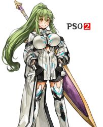 Rule 34 | 1girl, bad id, bad twitter id, breasts, greatsword, green hair, hands on own hips, highres, huge weapon, large breasts, long hair, original, perky breasts, phantasy star, phantasy star online 2, ponytail, sachito, simple background, smile, solo, sumi-chan (sachito), sword, thighhighs, very long hair, weapon, white background, yellow eyes