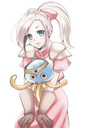 Rule 34 | 1girl, blonde hair, blue eyes, dragon quest, dragon quest heroes, emappo, gloves, healslime, homiron, long hair, meer (dqh), open mouth, ponytail, solo, white background