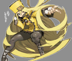 Rule 34 | 1girl, absurdly long hair, aqua eyes, belt, belt buckle, black belt, black pantyhose, blonde hair, breasts, buckle, covered mouth, dress, eyebrows, eyelashes, fingerless gloves, fur collar, fur hat, gloves, grey background, guilty gear, guilty gear xrd, hat, hat belt, index finger raised, legs, long hair, long sleeves, millia rage, one eye closed, outline, palms, pantyhose, shoes, short dress, simple background, small breasts, solo, text focus, translation request, tsurime, ushanka, very long hair, white footwear, white gloves, white outline, yellow dress, yellow hat, ysk!
