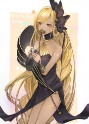 Rule 34 | 1girl, absurdres, black dress, black ribbon, blonde hair, blush, braid, choker, commentary request, cup, dark-skinned female, dark skin, dress, feet out of frame, female focus, granblue fantasy, hair ribbon, helel ben shalem, highres, holding, holding cup, long hair, looking at another, nail polish, nakonbu, pacifier, red eyes, ribbon, solo, sparkle, swept bangs, tattoo, thighs, translated, very long hair