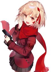 Rule 34 | 1girl, absurdres, adapted costume, black skirt, blonde hair, buttons, double-breasted, finger on trigger, gun, hair ornament, handgun, highres, jacket, long sleeves, looking at viewer, lycoris recoil, m1911, nishikigi chisato, red eyes, red jacket, red scarf, scarf, short hair, skirt, solo, tsukudani (ore624), weapon, white background