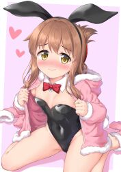 Rule 34 | 1girl, 2023, animal ears, black leotard, bow, bowtie, breasts, brown eyes, brown hair, chinese zodiac, detached collar, fake animal ears, fake tail, folded ponytail, happy new year, heart, highres, inazuma (kancolle), kantai collection, leotard, new year, open clothes, open hood, playboy bunny, rabbit, rabbit ears, rabbit girl, rabbit tail, small breasts, solo, strapless, strapless leotard, tail, takoyaki (takoyaki-batake), year of the rabbit
